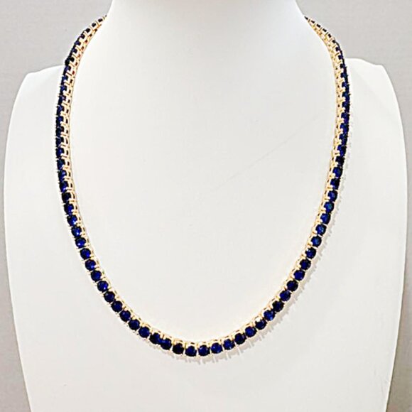 Dazzling Lab Created Blue Sapphire Diamondettes 18K Gold Plated Tennis Necklace - Picture 4 of 7